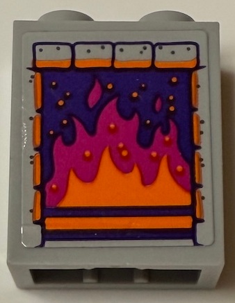 Lego Brick 1 x 2 x 2 with Inside Stud Holder with Fireplace with Bricks, Orange and Magenta Flames and Dots on Dark Purple Background Pattern (Sticker) - Set 43231