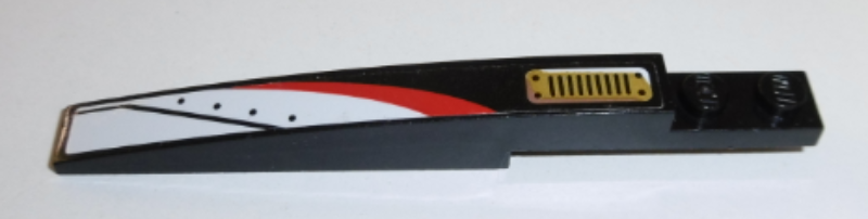 Lego Slope, Curved 10 x 1 with Red and White Stripe and Gold Grille Pattern Model Left Side (Sticker) - Set 70595 / Black