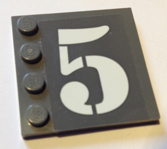 Lego Tile, Modified 4 x 4 with Studs on Edge with White Number 5 Pattern Model Right Side (Sticker) - Set 60125 / Dark Bluish Gray