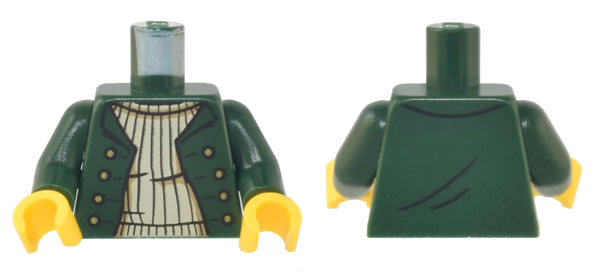 Lego Torso Jacket Open with Gold Buttons over Tan Ribbed Sweater Pattern / Dark Green Arms / Yellow Hands