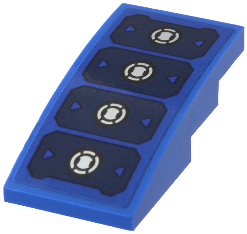 Lego Slope, Curved 4 x 2 with Dark Blue Armor Plates with Triangles and Silver Circles Pattern (Sticker) - Set 71785 / Blue