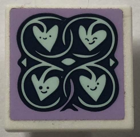 Lego Road Sign 2 x 2 Square with Open O Clip with Light Aqua Leaves with Smiley Faces on Lavender Background Pattern (Sticker) - Set 41365 / White