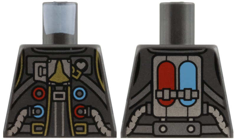Lego Torso Spacesuit, Dark Silver Belt and Straps, Silver Hoses, Gold Space Shuttle, Buckle and Trim, Red and Medium Blue Circles and Ovals on Back Pattern / Pearl Dark Gray