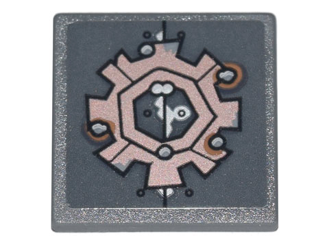 Lego Road Sign 2 x 2 Square with Open O Clip with Copper Gear, Silver Rivets and Rust Pattern (Sticker) - Set 70840 / Dark Bluish Gray