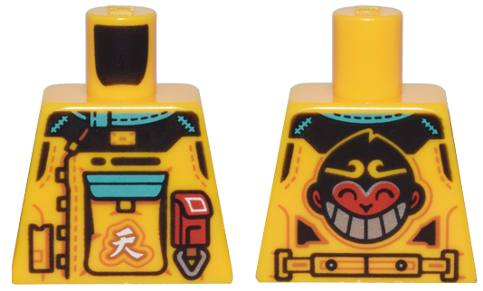 Lego Torso Racing Suit, Dark Turquoise Trim, Large Pocket with Chinese Logogram '天' (Sky), and Monkie Kid Logo Pattern / Bright Light Orange
