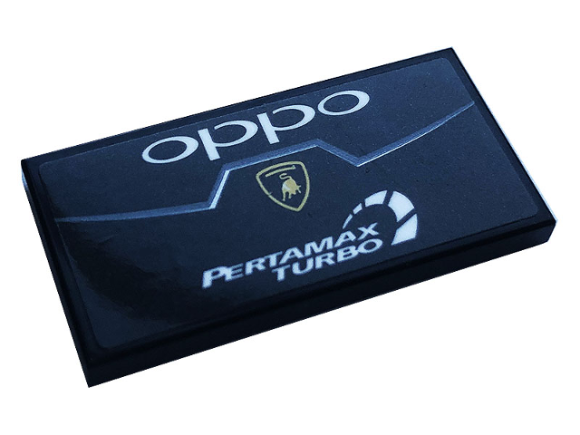 Lego Tile 2 x 4 with Lamborghini Logo, White 'oppo' and 'PERTAMAX TURBO' Pattern (Sticker) - Set 76899 / Black