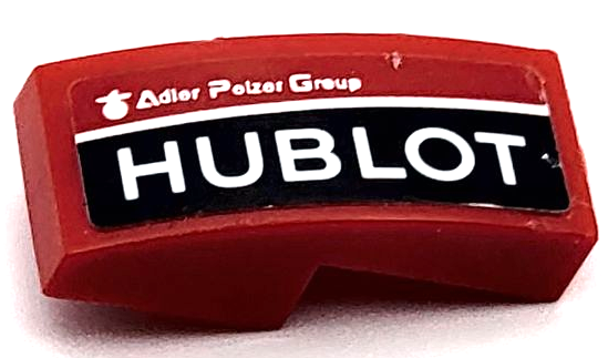 Lego Slope, Curved 2 x 1 x 2/3 with White 'HUBLOT' and 'Adler Pelzer Group' on Black Stripe Pattern Model Left Side (Sticker) - Set 75889