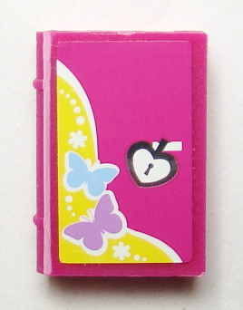 Lego Minifigure, Utensil Book 2 x 3 with Butterflies and White Heart Padlock on Magenta Background Pattern (Sticker) - Set 3315 / Magenta
