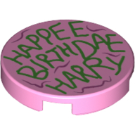 Lego Tile Round 2 x 2 with Green 'HAPPEE BIRTHDAE HARRY' Print / Bright Pink