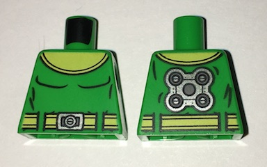 Lego Torso Super Hero Yellow Collar and Belt, Silver Buckle, Black Muscles Outline, Gear on Back Pattern (Dr. Octopus) / Bright Green