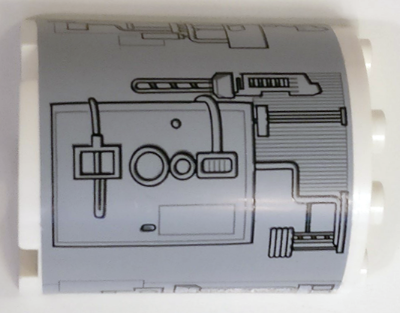 Lego Cylinder Half 2 x 4 x 4 with Silver Hatch and Mechanical Pattern Model Left Side (Sticker) - Set 9495 / White