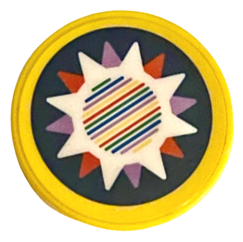 Lego Tile, Round 2 x 2 with Bottom Stud Holder with Lavender, Red, and White Star with Barcode on Dark Blue Background Pattern (Sticker) - Set 71395