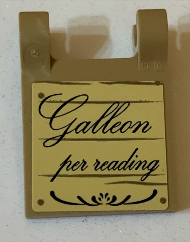 Lego Flag 2 x 2 Square with Flat Edge with Script 'Galleon per reading' on Tan Background Pattern on Both Sides (Stickers) - Set 75978 / Dark Tan