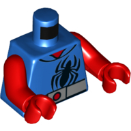 Lego Torso Hoodie, Black Spider Logo, Silver Belt with Red Button Print (Spider-Man), Red Arms and Hands / Blue