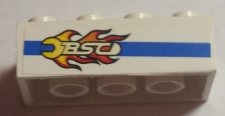Lego Brick 2 x 4 with Blue Line and Flaming Wrench 'BSC' Pattern Model Left Side (Sticker) - Set 8681 / White