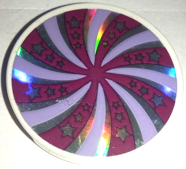 Lego Tile, Round 3 x 3 with Magenta and Lavender Swirl and Stars on Iridescent Mirrored Background Pattern (Sticker) - Set 41686 / White