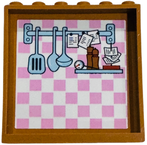 Lego Panel 1 x 6 x 5 with Bright Light Blue Hanging Kitchen Utensils and Shelf with Thermometer, Salt and Pepper on Bright Pink and White Checkered Background Pattern (Sticker) - Set 42655 / Medium Nougat