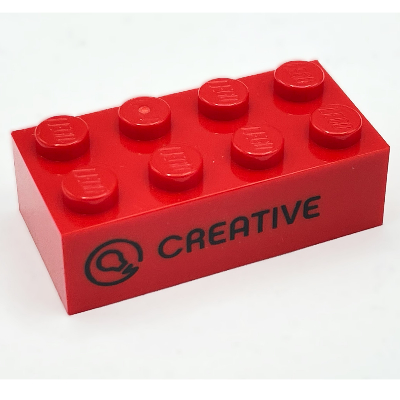 Lego Brick 2 x 4 with 'CREATIVE' and Icon / 'CREATIVA' Print / Red