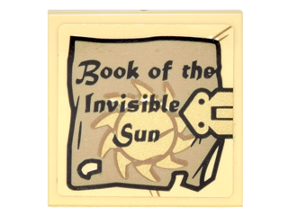 Lego Tile 2 x 2 with Book Cover with Gold Clasp, Sun with Rays, and 'Book of the Invisible Sun' Pattern (Sticker) - Set 76060 / Tan