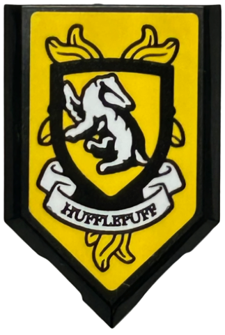 Lego Tile, Modified 2 x 3 Pentagonal with HP 'HUFFLEPUFF' House Crest Pattern (Sticker) - Set 76416 / Black