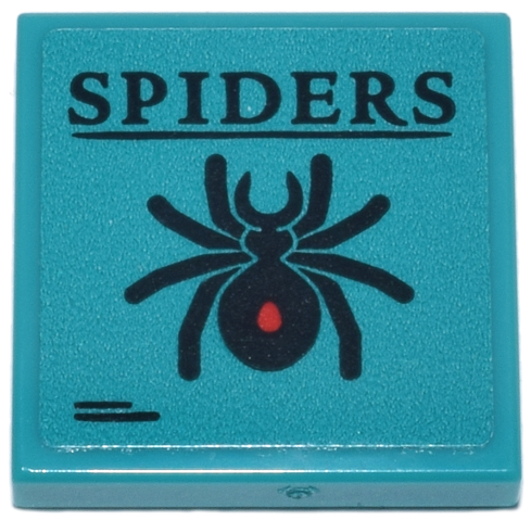 Lego Tile 2 x 2 with Black Text, 'SPIDERS' and Spider with Red Dot Pattern (Sticker) - Set 11370 / Dark Turquoise