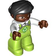 Lego Duplo Figure with Thick Short Hair Combed over Forehead and Bun Black, Reddish Brown Head, Hands, Lime Overall, White Shirt Print