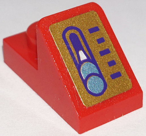 Lego Slope 45 2 x 1 with 2/3 Cutout with Gold Control Panel with Metallic Light Blue Lever and Dark Purple Lines Pattern Model Right Side (Sticker) - Set 41239