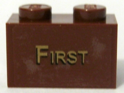 Lego Brick 1 x 2 with Gold 'FIRST' Pattern (Sticker) - Set 10194 / Reddish Brown