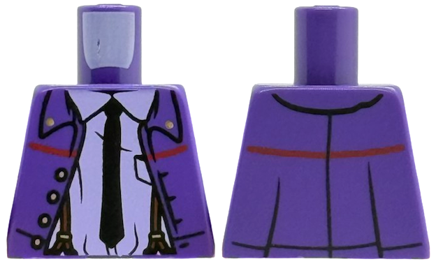 Lego Torso Jacket Open with Gold Buttons and Red Stripe, Lavender Shirt with Collar, Black Tie, Reddish Brown Suspenders Pattern / Dark Purple