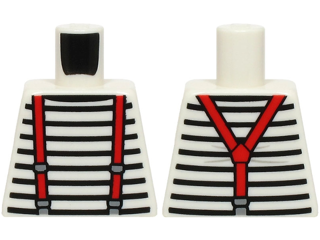 Lego Torso Shirt with Black Stripes, Red Suspenders with Dark Bluish Gray Buckles Pattern (BAM) / White
