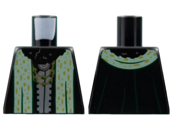 Lego Torso Robe, Black Fur Collar, Gold Necklaces, Sand Green Stole with Gold Spots Pattern / Black