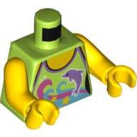Lego Torso, Halter Top with Dolphin, Pink and Medium Azure Swirls and Yellow Stars Print, Yellow Arms and Hands / Lime