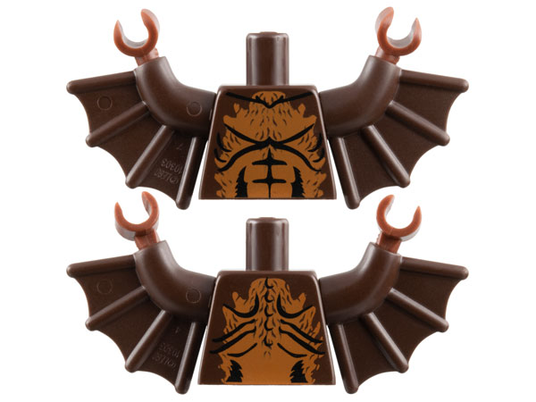 Lego Torso Bare Chest with Black Muscles Outline and Medium Nougat Fur Pattern / Dark Brown Arms with Wings / Reddish Brown Hands