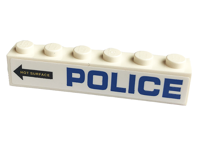 Lego Brick 1 x 6 with Blue 'POLICE' and Black Arrow with 'HOT SURFACE' Pattern Model Right Side (Sticker) - Set 60173