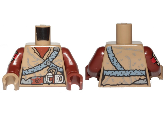 Lego Torso Female SW Tunic and Sand Blue Plaited Belts Pattern / Reddish Brown Arms and Red and White Armor Plate Pattern on Right / Reddish Brown Hand Left / Dark Tan Hand Right