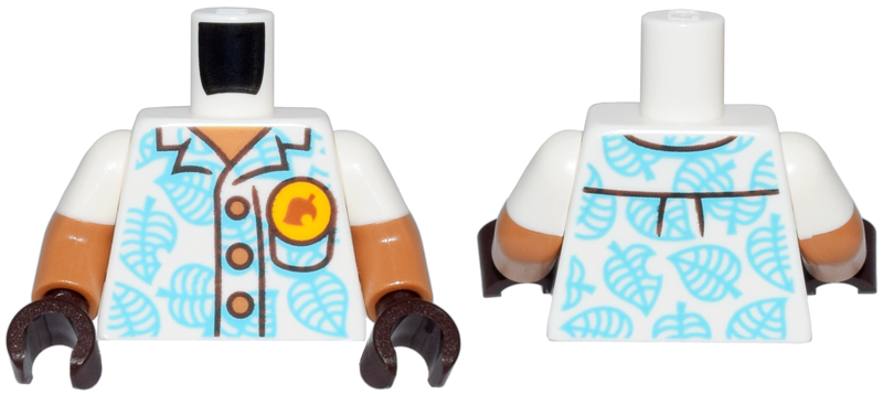 Lego Torso Hawaiian Shirt with Medium Azure Leaves, Medium Nougat Buttons and Bright Light Orange Pin Pattern / Medium Nougat Arms with Molded White Short Sleeves Pattern / Dark Brown Hands