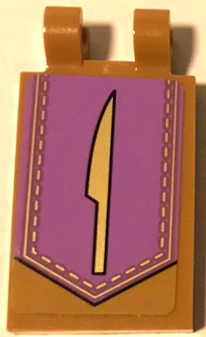 Lego Tile, Modified 2 x 3 with 2 Open O Clips with Gold Knife on Medium Lavender Banner Background Pattern Model Left Side (Sticker) - Set 75826 / Medium Nougat
