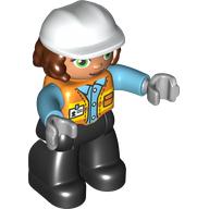 Lego Duplo Figure with Hard Hat and Long Hair, Black Legs, Safety Vest, Light Bluish Grey Hands / Orange