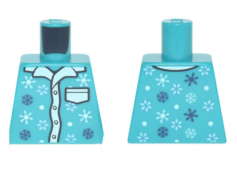 Lego Torso Pajamas 4 Buttons, White Collar and Pocket, Snowflakes Pattern / Dark Turquoise