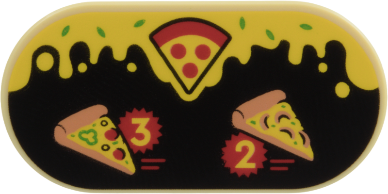 Lego Tile, Round 2 x 4 Oval with Red Pepperoni Pizza Slice, Medium Nougat Slices with Green Peppers, Black Olives and Mushrooms, Yellow Dripping Cheese and Numbers 3 and 2 on Black Background Pattern