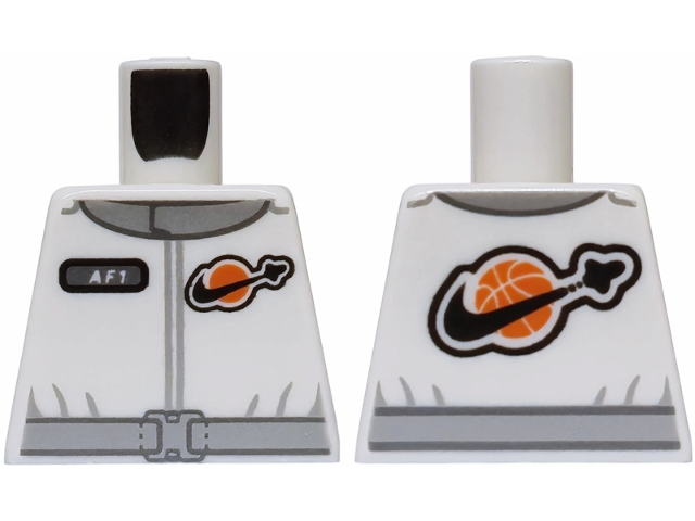 Lego Torso Spacesuit with Silver Belt and Collar, Dark Silver 'AF1' Badge, Stylized Black and Orange Classic Space Logo with Nike Swoosh and Basketball Pattern / White