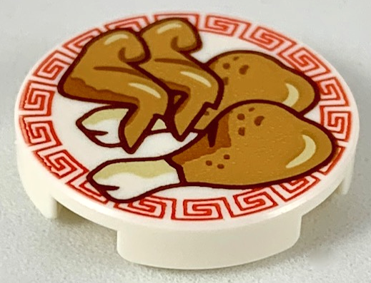 Lego Tile, Round 2 x 2 with Bottom Stud Holder with Medium Nougat Chicken Wings and Legs on Plate with Red Border Pattern