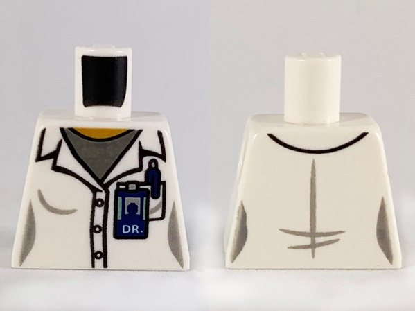 Lego Torso Female Lab Coat over Dark Bluish Gray Shirt, 'DR' ID Badge and Pocket Pattern / White