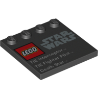 Lego Plate Special 4 x 4, Studs on One Edge with 'Lego Star Wars' Logo and 'TIE Interceptor TIE Fighter Pilot Death Star' Print / Black