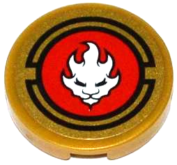 Lego Tile, Round 2 x 2 with White Lion Head in Red Circle Pattern (Sticker) - Set 70500 / Pearl Gold