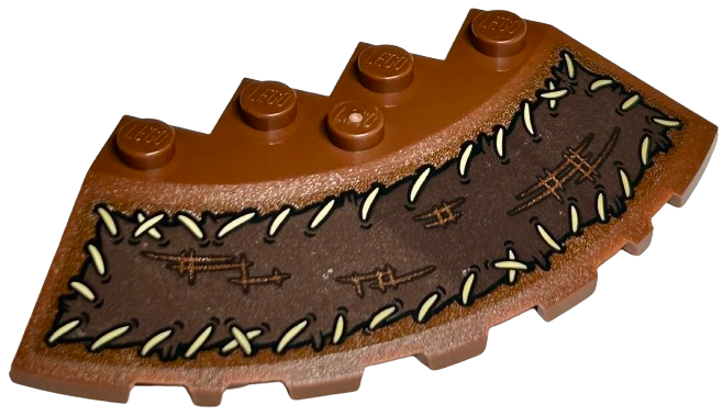 Lego Brick, Round Corner 6 x 6 with Slope 33 Edge, Facet Cutout with Dark Brown Fabric with Tears and Tan Stitching Pattern (Sticker) - Set 76429