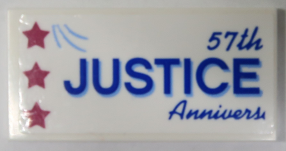 Lego Tile 2 x 4 with Blue '57th JUSTICE Annivers' Banner with 3 Magenta Stars Pattern (Sticker) – Set 70919