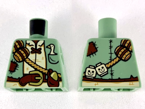 Lego Torso Jacket with Tan Shirt, Reddish Brown Belt and Patches, Barrels and Skulls on Rope Sash, Goose in Pocket, and Gold Egg in Pouch Pattern / Sand Green