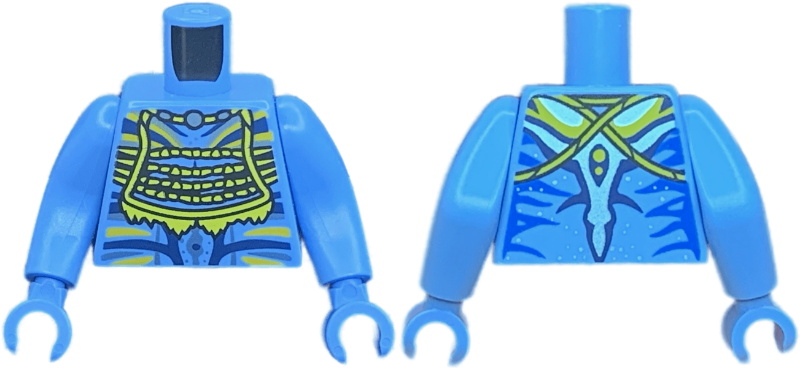 Lego Torso Na'vi with Blue Markings, Yellow Tribal Vest, Silver Spots, and Bright Light Orange and Dark Blue War Paint Pattern / Medium Blue Arms Long / Medium Blue Hands