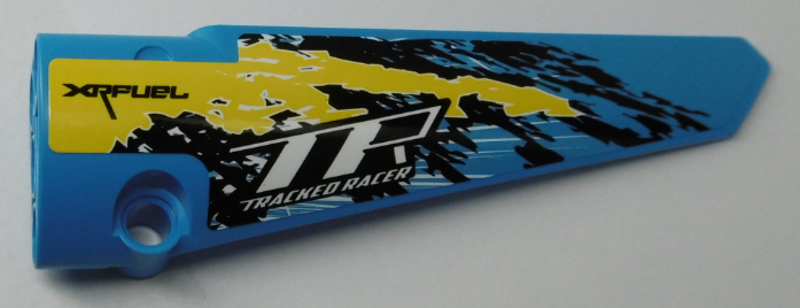 Lego Technic, Panel Fairing # 6 Long Smooth, Side B with 'XRFUEL', 'TR TRACKED RACER' and Black, Yellow and White Splotches Pattern (Sticker) - Set 42095 / Dark Azure